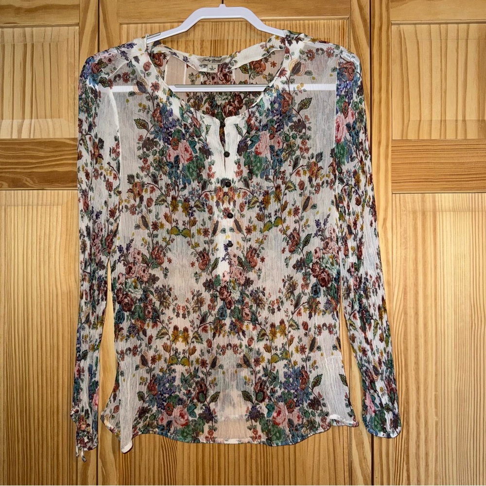 Lucky Brand Floral Print Sheer Long Sleeve Top, size Large